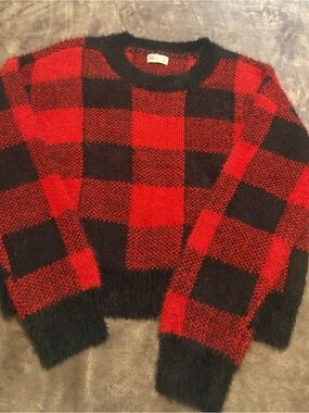 SO Red and Black Buffalo Plaid Fuzzy Crew Sweater